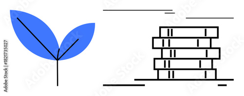 Blue leaf paired with stacked blocks symbolizes growth, sustainability, harmony, and balance. Ideal for business, ecology, development, innovation learning productivity and adaptation. A simple