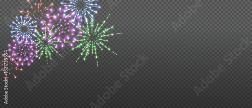 Neon colorful firework bursts isolated on transparent background. Bright glowing explosion effect for celebration, festival design, party decor, and holiday overlay.