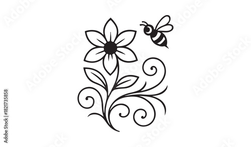 Simple line drawing of a flower and a bee with swirling stems