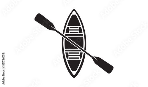 Simple black silhouette of a canoe and paddle on white background