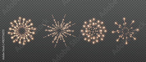 Fireworks set. Festive sparks and explosions. Realistic light effects. New Year, Christmas.