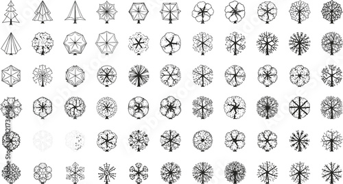 Large set of tree plan view vector icons, top-down architectural symbols for landscape design, CAD drawings, and site layout plans,