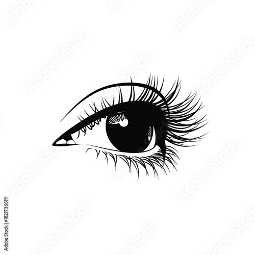 Artistic black and white sketch of a beautiful human eye with long lashes