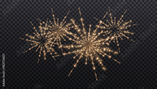Festive fireworks on a transparent background.  Festive sparks and explosions. Realistic light effect New Year's Eve, Christmas.