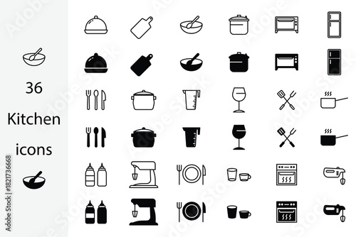 36 minimalist kitchen icons in a modern black and line style vector.
