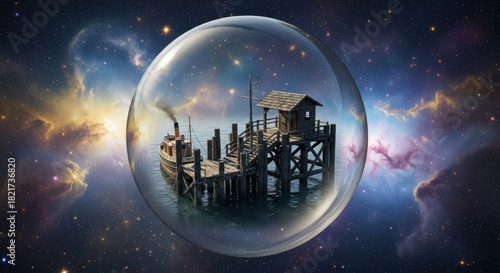 Fototapeta Naklejka Na Ścianę i Meble -  Intricate scene of an old pier and small vessel contained within a transparent sphere floating in outer space