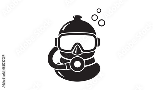 Hand drawn black and white illustration of a vintage scuba diving mask and air bubbles