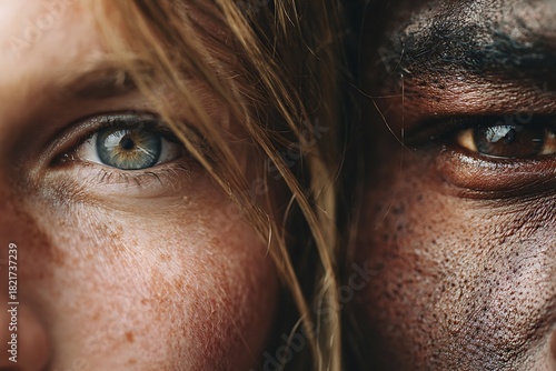 Extreme close-up split portrait of two individuals with contrasting skin tones and eye colors, symbolizing diversity, unity, human connection, and racial harmony.