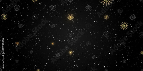Falling golden and white snowflakes on a transparent background, perfect for winter holiday, Christmas, and New Year overlay designs.
