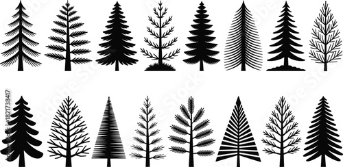 Set of various conifer tree silhouettes, including pine, spruce, and fir, black and white forest vector icons for nature design elements,