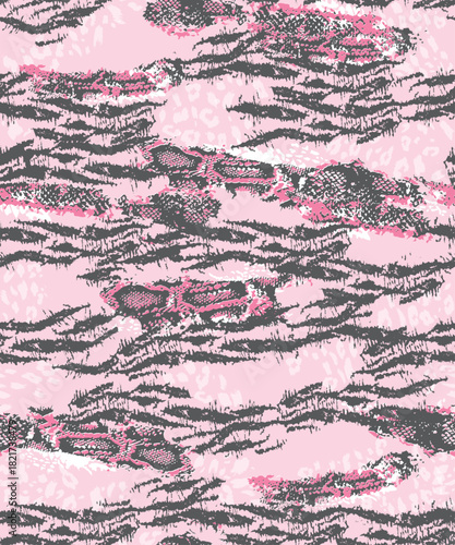 Seamless animal print pattern. Repeating vector print with a mixture of snake skin, zebra and leopard spots on a pink background. Apparel textile pattern.