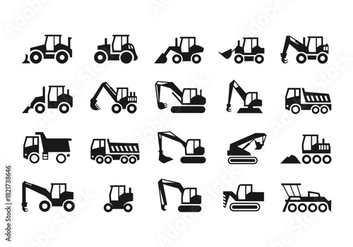 Heavy construction equipment vector icons for building projects