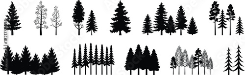 Set of various forest silhouettes and individual trees, including coniferous and deciduous species, black vector icons for nature and landscape design,