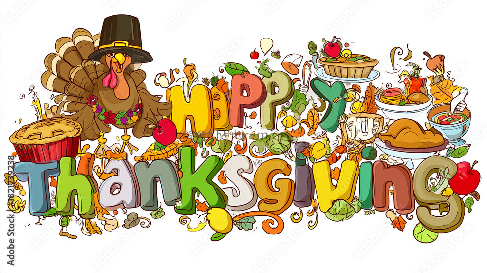 Naklejka premium Playful Thanksgiving illustration with turkey, food elements and festive lettering, perfect for holiday cards, seasonal greetings, posters and celebration artwork