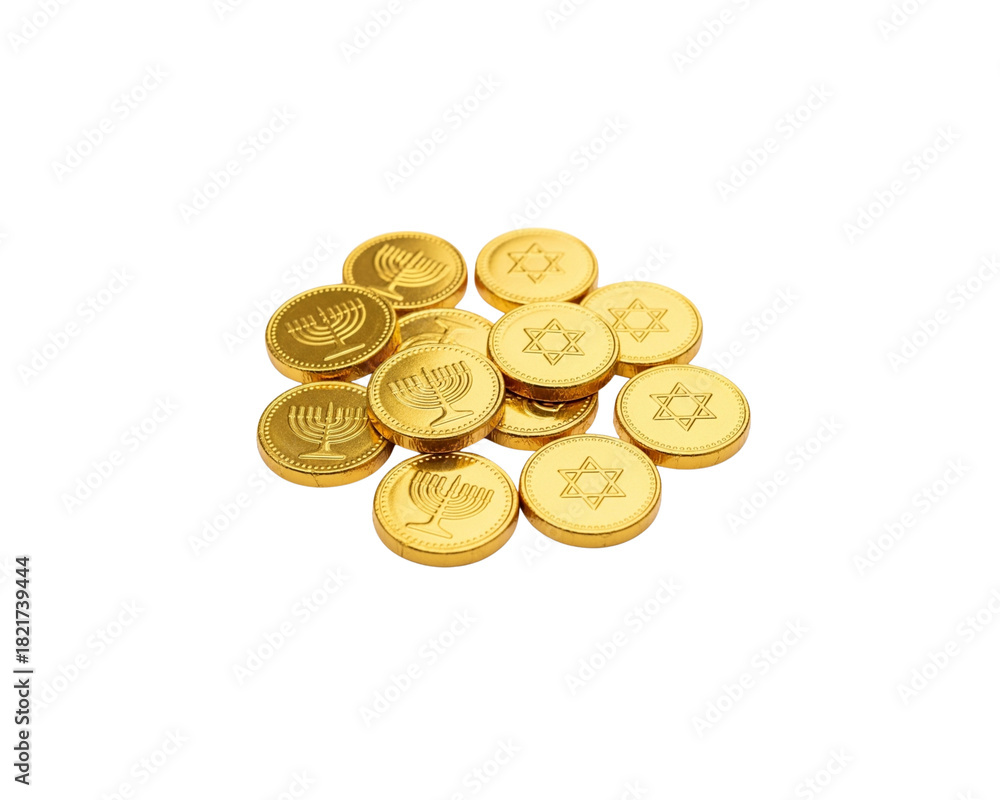 Obraz premium Group of shiny gold chocolate Gelt coins with menorah and Star of David symbols on transparent background