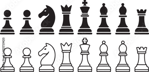 Black and White Chess Pieces Set and Outline Set king queen