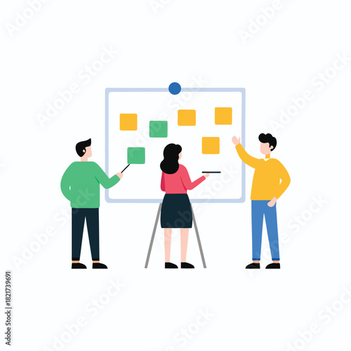A team of colleagues engaged in a collaborative remote brainstorming session, organizing ideas on a virtual whiteboard with sticky notes