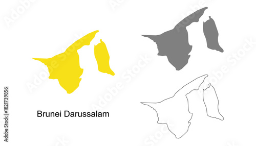 Brunei Darussalam map set. Brunei Darussalam map vector. Brunei Darussalam map on yellow silhouette, gray, and outline