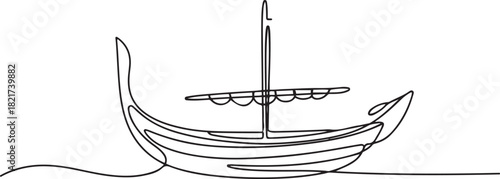 Single continuous line drawing pinisi ship. Traditional boat from South Sulawesi, Indonesia. Has a very unique design. Inter island trade. National Maritime Day. one line Icon drawing