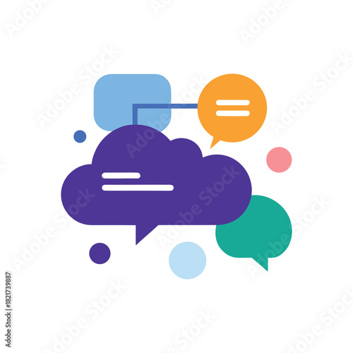 Conceptual design of a digital network with a cloud and message icons symbolizing virtual collaboration and online forums