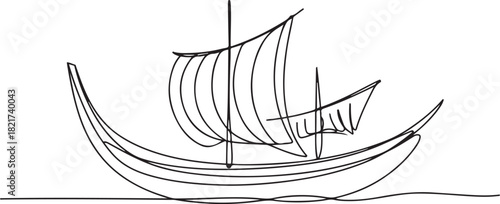 Single continuous line drawing pinisi ship. Traditional boat from South Sulawesi, Indonesia. Has a very unique design. Inter island trade. National Maritime Day. one line Icon drawing