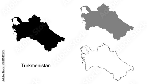 Turkmenistan map set. Turkmenistan map vector. Turkmenistan map on silhouette, gray, and outline