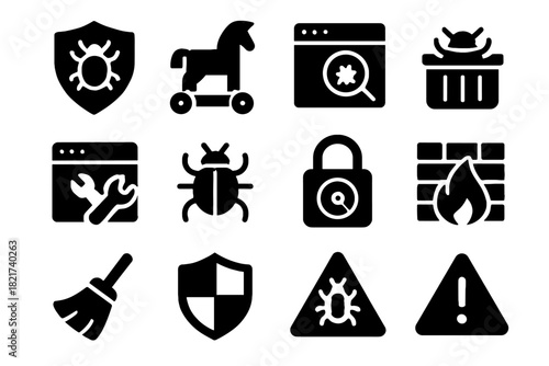 Icons firewall system horse defense malware icon repair shield vector bug protection