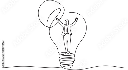 Continuous one line drawing a businesswoman stands in lightbulb with the top open raising hands. Get out of the erratic mind. Idea. National Creativity Day. one line Icon drawing