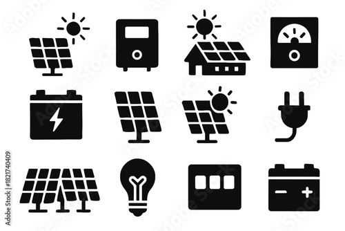 Rays cell energy icons vector rooftop panel solar storage icon power array