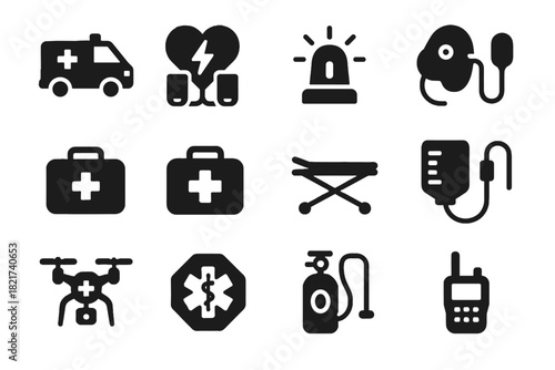 Portable vector icon stretcher medical rescue radio drone emergency mask emer