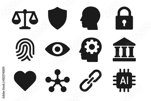 Vector gear ethics justice lock icon chain icons ai heart nodes scales