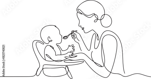 A continuous line drawing of a caring mother feeding her son in a baby high chair, reflecting Infant Feeding Day. one line Icon drawing