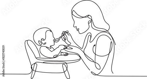 A continuous line drawing of a caring mother feeding her son in a baby high chair, reflecting Infant Feeding Day. one line Icon drawing