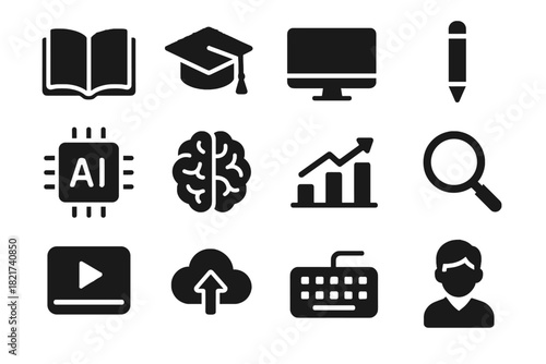 Education chart video student icon vector brain ai cloud chip player book