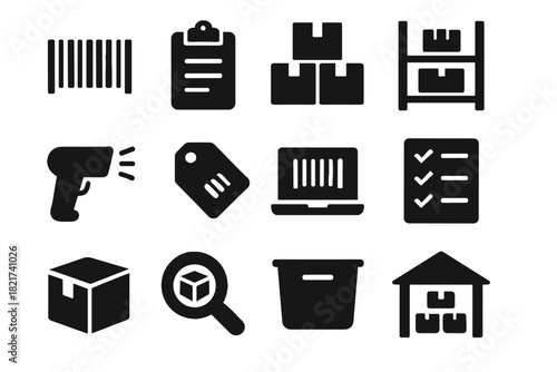 Set vector clipboard bin laptop barcode scanner warehouse screen stack icon inventory