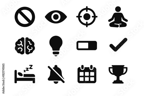 Silence icon calendar bed checkmark set symbol focus not vector brain disturb