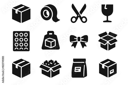 Sealed vector weight delivery roll set icons box ribbon cardboard icon packaging