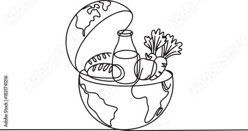 Single one line drawing half round globe with open top with French bread, glass bottle of milk, vegetables. Lack of nutritional equity. World Hunger Day. one line Icon drawing