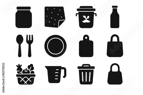Basket vector kitchen waste vegetable bottle jar icon minimal wrap bag fork