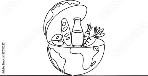 Single one line drawing half round globe with open top with French bread, glass bottle of milk, vegetables. Lack of nutritional equity. World Hunger Day. one line Icon drawing
