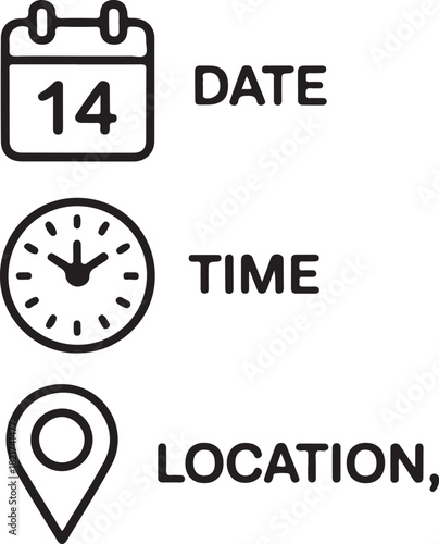 Calendar Date Time Location Icons with Text Labels vector illustration