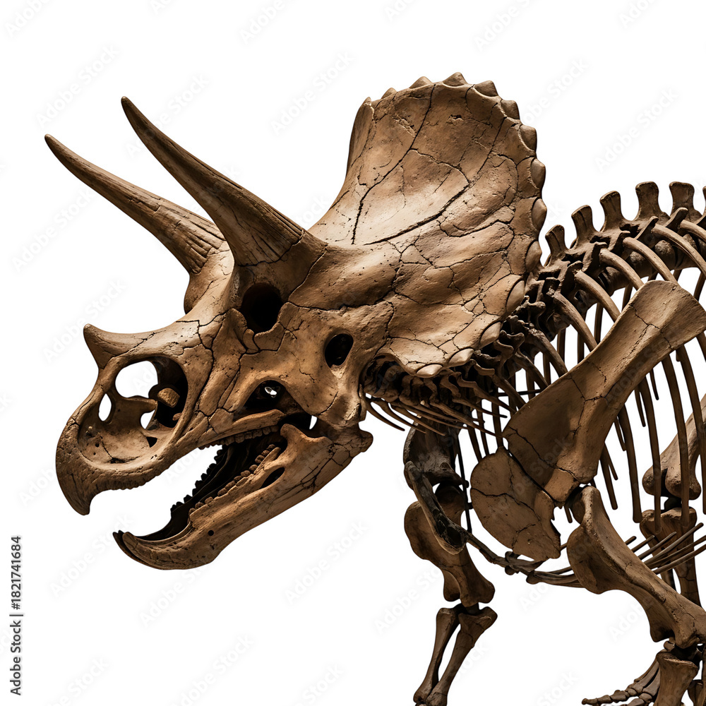 Naklejka premium Detailed view of a triceratops dinosaur fossil skeleton with horns and frill, isolated on transparent background