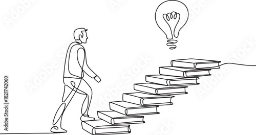 Single one line drawing a man walks on stairs made of books and a floating light bulb. Reading to find the best solution. Idea. National Creativity Day. one line Icon drawing