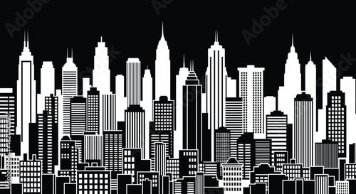Black and white minimalist skyscraper city skyline silhouette vector graphic illustration, modern urban architecture background, metropolis cityscape panorama.