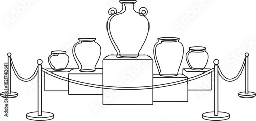 Single one line drawing several jars displayed on podium with ropes attached to poles. A rare vase from the Chinese imperial era. International Museum Day. one line Icon drawing