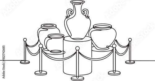 Single one line drawing several jars displayed on podium with ropes attached to poles. A rare vase from the Chinese imperial era. International Museum Day. one line Icon drawing