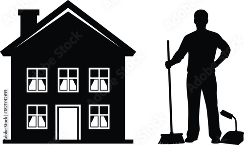 Black and white vector silhouette of a man holding a broom and dustpan next to a house, representing cleaning services, household chores, and home maintenance.