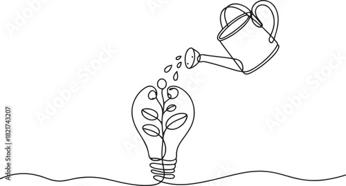 Single one line drawing watering plant bearing fruit lightbulb growing from a broken lightbulb. An effort to maintain a mindset. National Creativity Day. one line Icon drawing