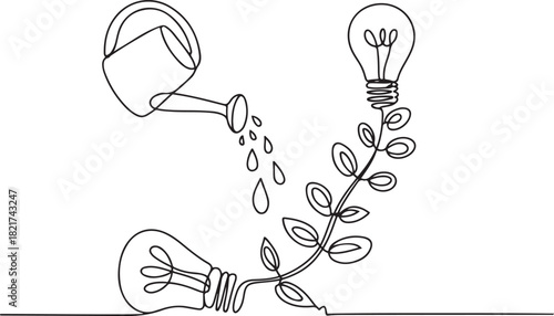 Single one line drawing watering plant bearing fruit lightbulb growing from a broken lightbulb. An effort to maintain a mindset. National Creativity Day. one line Icon drawing
