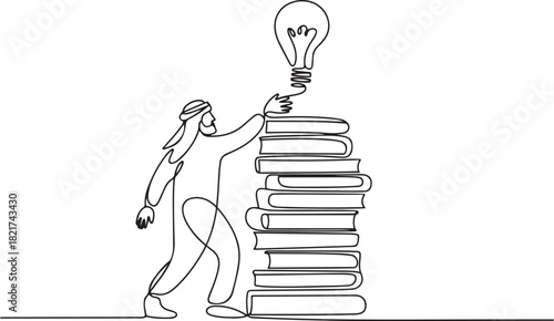 Continuous one line drawing Arab man climbs stack of thick books with lightbulb floating above. Have unlimited creativity. Educate. National Creativity Day. one line Icon drawing